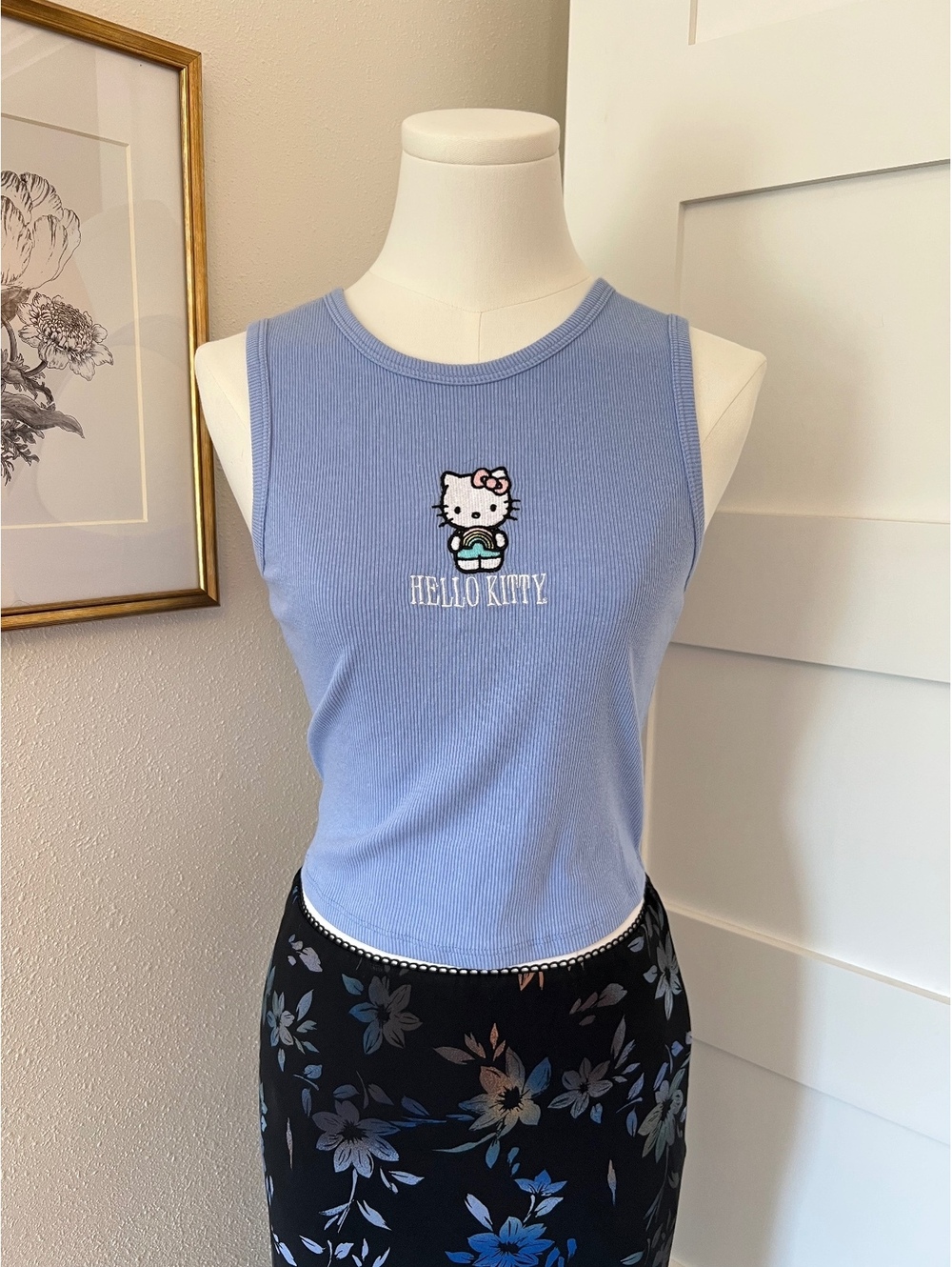 Sanrio Hello Kitty Blue Ribbed Embroidered Crop Tank Top